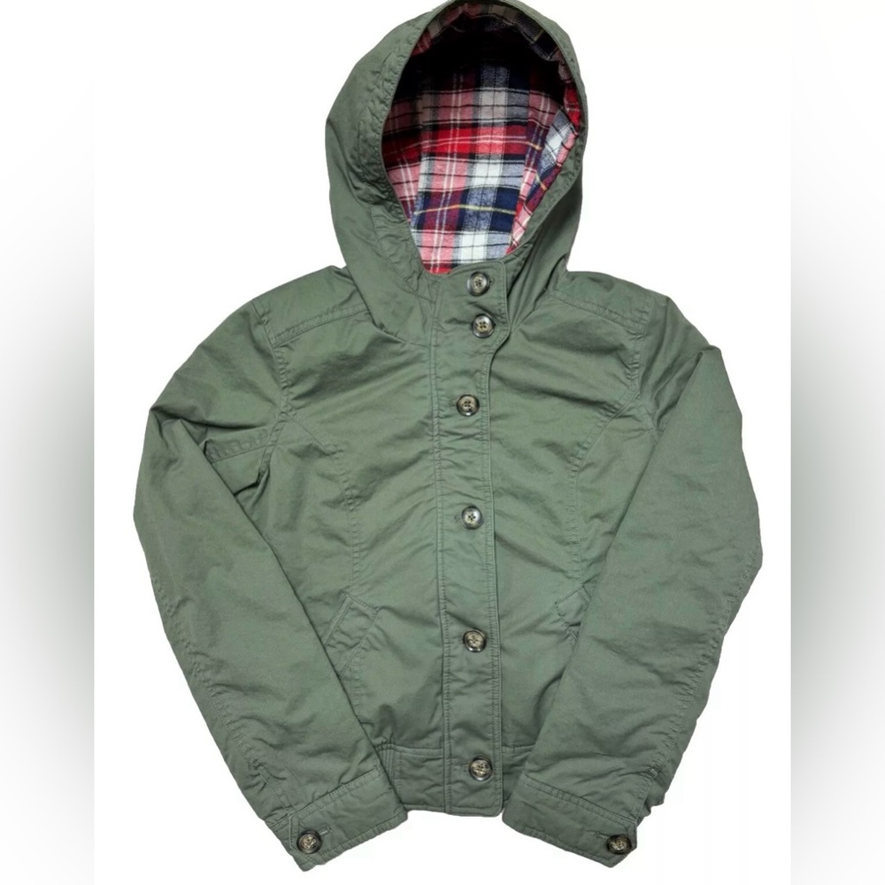 Womens Love Tree Green Quilted Bomber Hooded Jacket Medium Plaid Full Zip Casual